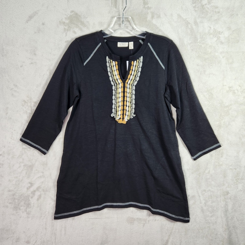 LOGO by Lori Goldstein Top Womens XXS Black 3/4 Sleeve Cotton Slub Boho A605052